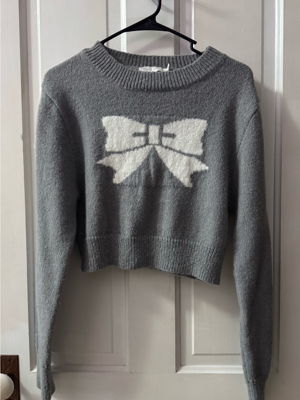 Gray Crewneck Cropped Sweater with White Bow - Women